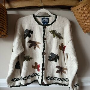 Rey wear Vintage Cotton Fall Leaves Autumn Cardigan Sweater Ivory Green M/L